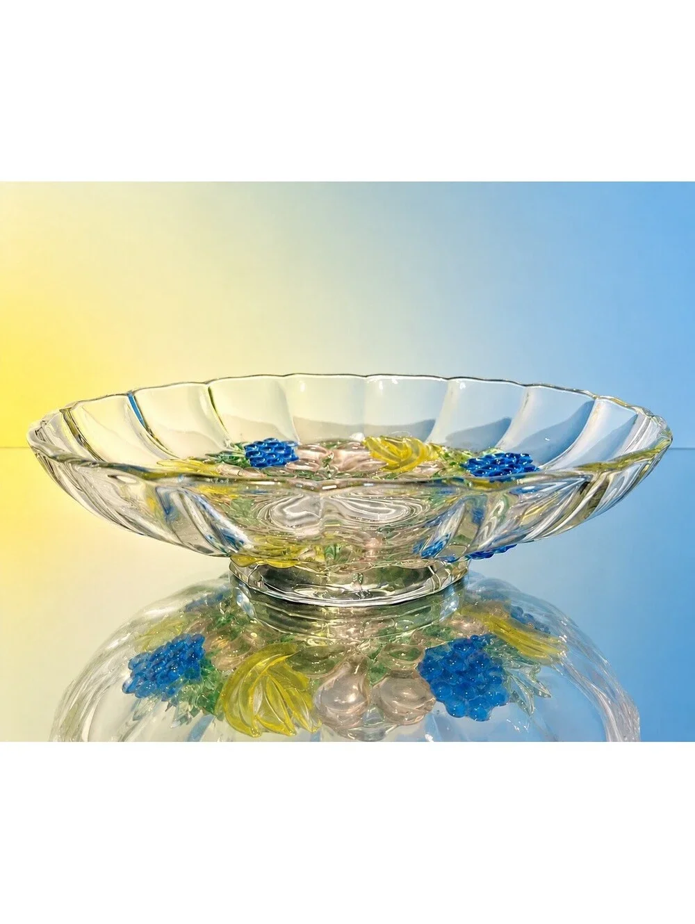 Indiana Glass 1960s Garland Blue Grape Banana Fruit Footed Console Bowl, 12x3.5”
